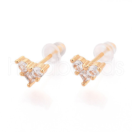Heart Brass Micro Pave Clear Cubic Zirconia Stud Earrings EJEW-T047-38G-1