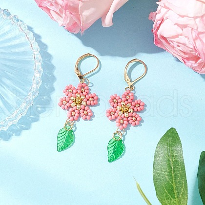 304 Stainless Steel Flower with Leaf Leverback Earrings EJEW-MZ00456-01-1
