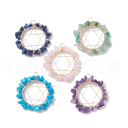 Mixed Gemstone Chips Copper Wire Wrapped Pendants PALLOY-JF02549-01-1