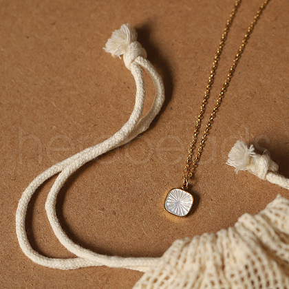 304 Stainless Steel Pave Natural White Shell Square Pendant Necklaces for Women FS-WG6BD04-01-1
