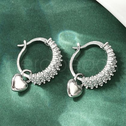 Heart Brass Micro Pave Clear Cubic Zirconia Hoop Earrings EJEW-S275-04P-1