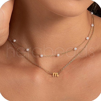 2Pcs 304 Stainless Steel & White Plastic Imitation Pearl Letter Pendant Double Layer Necklaces FS-WG86091-13-1