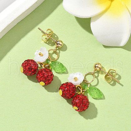Cherry 304 Stainless Steel Handmade Polymer Clay Rhinestone Dangle Stud Earrings EJEW-JE06428-02-1