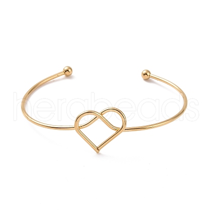 201 Stainless Steel Wire Wrap Heart Open Cuff Bangle BJEW-P285-02G-1