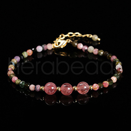 Natural Tourmaline & Strawberry Quartz Round Beads Bracelets WG466DA-04-1