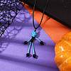 Halloween Theme Skeleton Glass Seed Beaded & Natural Black Onyx(Dyed & Heated) & Skull Dyed Synthetic Turquoise Pendant Necklaces NJEW-MZ00117-01-1