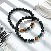 2Pcs 2 Style Dyed Natural Tiger Eye & Black Onyx Round Beaded Stretch Bracelets Set BJEW-TA00439-1