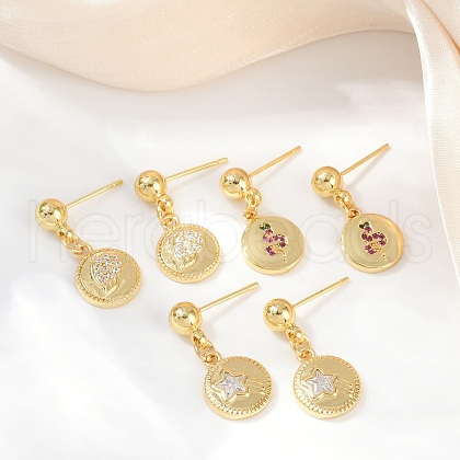 Flat Round with Star & Wing & Snake Brass Micro Pave Cubic Zirconia Dangle Stud Earrings EJEW-Z115-01G-1