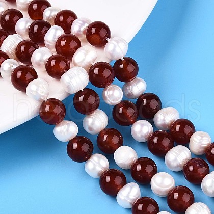 Natural Carnelian(Dyed & Heated) Round & Natural Cultured Freshwater Pearl Grooved Potato Beads Strands PEAR-N019-09-1