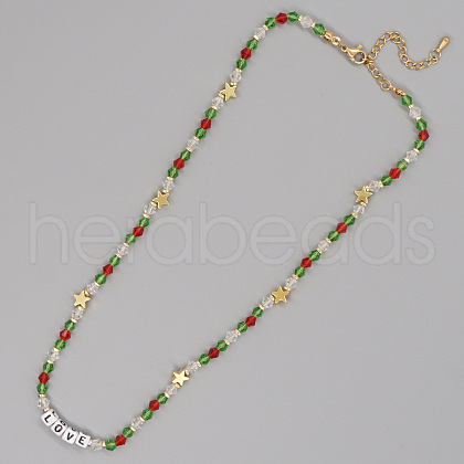 Christmas Theme Glass & Imitation Pearl & Brass LOVE Star Beaded Necklaces GF3195-7-1