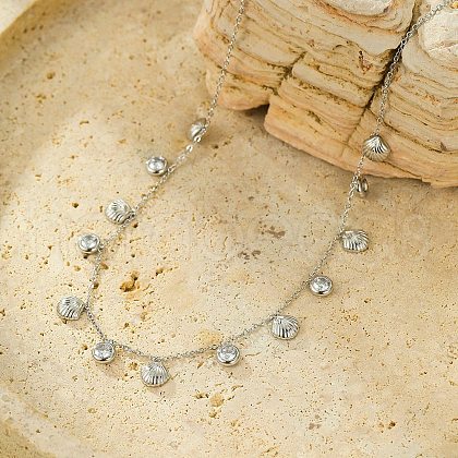 304 Stainless Steel Clear Cubic Zirconia Flat Round & Shell Shaped Bib Necklaces for Women NJEW-U031-08P-02-1