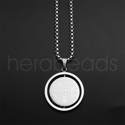 Flat Round with Saint Benedict Pattern 304 Stainless Steel Rotatable Pendant Necklaces for Men FS-WG430D2-01-1