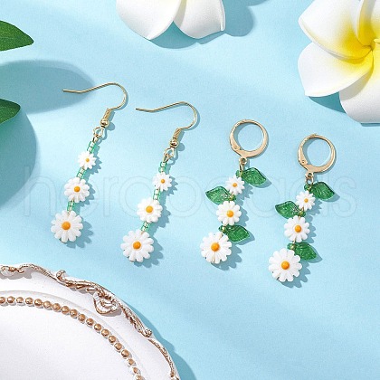 2Pairs 2 Styles Flower Natural Freshwater Shell Leverback & Dangle Earring Sets EJEW-JE06338-1