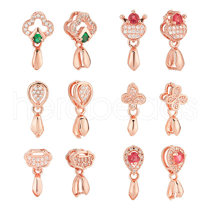  12Pcs 6 Style Long-Lasting Plated Brass Micro Pave Cubic Zirconia Ice Pick Pinch Bails ZIRC-NB0002-04-1