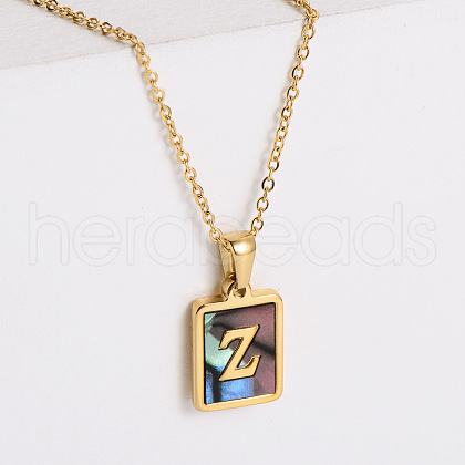304 Stainless Steel Pave Natural Paua Shell Rectangle Initial Pendant Necklaces for Women FS-WG38E89-26-1
