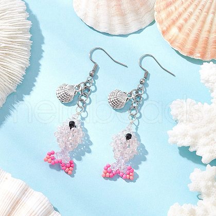 Fish with Shell Shape 304 Stainless Steel Glass Beads Dangle Earrings EJEW-MZ00436-03-1