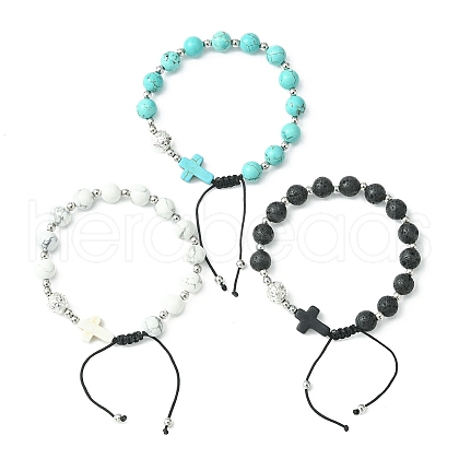 3Pcs 3 Style Gemstone Round & Cross Braided Bead Bracelets BJEW-TA00321-1