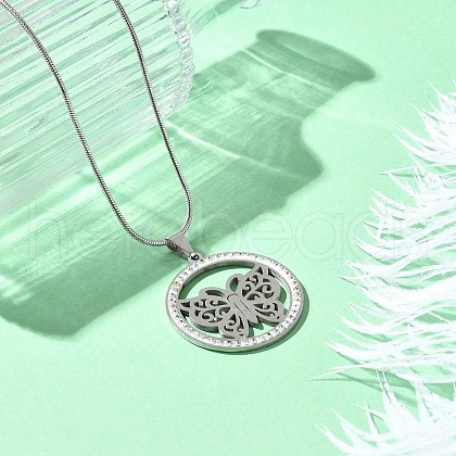 304 Stainless Steel Crystal Rhinestone Ring with Hollow Butterfly Pendant Necklaces for Women NJEW-P327-01P-1