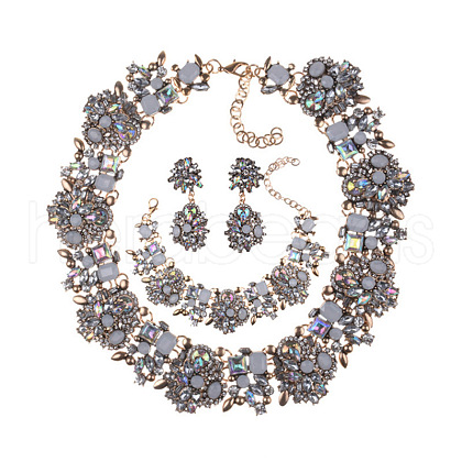 Flower Alloy with Rhinestone Chain Necklace & Bracelet & Stud Dangle Earring FS-WGC4D9E-01-1