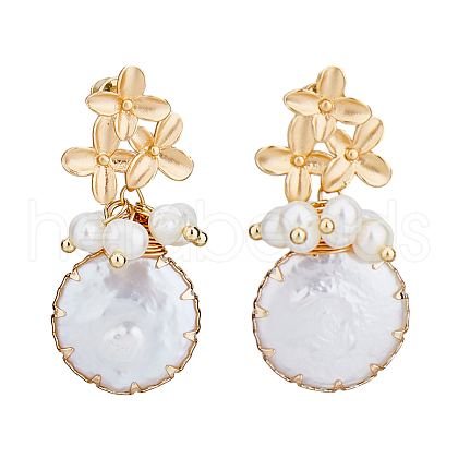 FIBLOOM 1 Pair Shell Pearl Dangle Stud Earrings EJEW-FI0002-22A-1