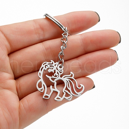 201 Stainless Steel Hollow Cartoon Unicorn Pendant Keychain PW-WG29428-01-1