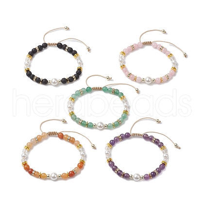 Adjustable 6mm Round Gemstone Braided Bead Bracelets BJEW-JB10617-1
