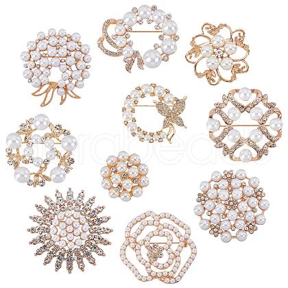 WADORN 10Pcs 10 Styles Retro Flower Alloy Rhinestone Brooches for Women JEWB-WR0001-09-1