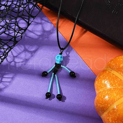 Halloween Theme Skeleton Glass Seed Beaded & Natural Black Onyx(Dyed & Heated) & Skull Dyed Synthetic Turquoise Pendant Necklaces NJEW-MZ00117-01-1