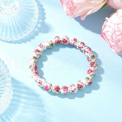 Handmade Flower Printed Porcelain Ceramic Beaded Stretch Bracelets BJEW-JB11910-01-1