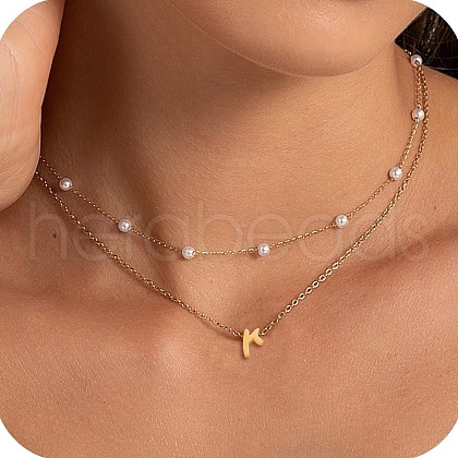 2Pcs 304 Stainless Steel & White Plastic Imitation Pearl Letter Pendant Double Layer Necklaces FS-WG86091-18-1