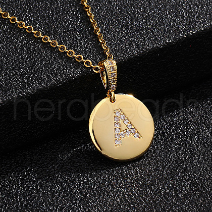 Brass Micro Pave Clear Cubic Zirconia Flat Round with Letter Pendant Necklaces FS-WG00655-01-1