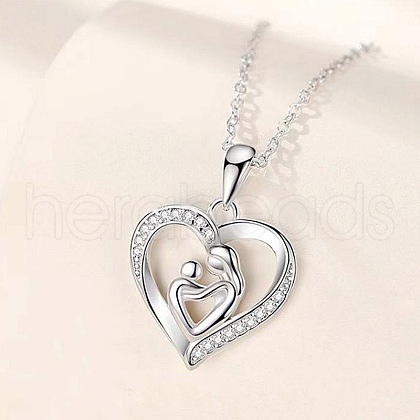 Alloy Crystal Rhinestone Heart with Mother and Baby Pendant Necklaces for Mother's Day FS-WGAE5FE-01-1