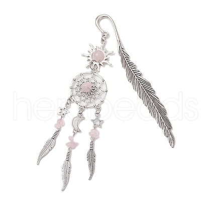 Alloy Sun & Woven Net/Web with Feather Charms Bookmarks AJEW-JK00368-03-1