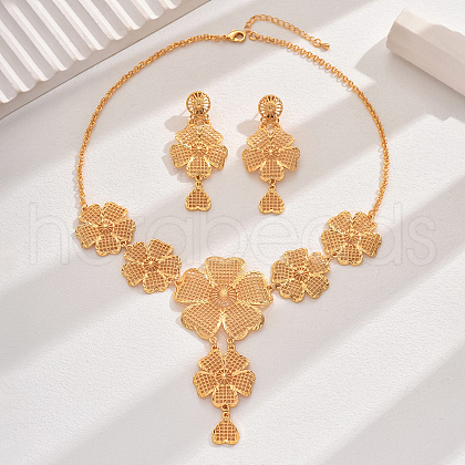 18K Gold Plated Flower Bib Necklace & Dangle Stud Earrings KR3850-1