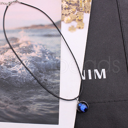 Luminous Zinc Alloy & Glass Flat Round with Constellation Pendant Black Korean Waxed Cord Necklaces WG08639-01-1