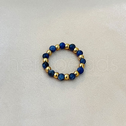 201 Stainless Steel with Natural Sodalite Round Beaded Stretch Finger Rings FS-WGCE9C4-03-1