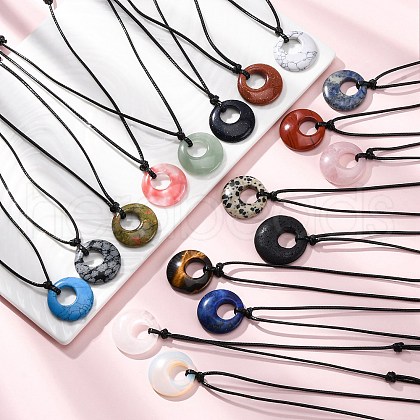 Ring Natural & Synthetic Mixed Gemstone Pendant Black Waxed Cord Adjustable Necklaces NJEW-G169-02-1