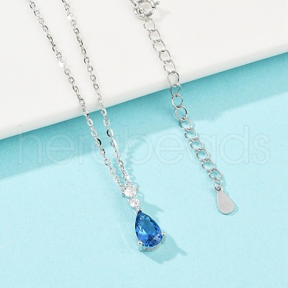 925 Sterling Silver Sapphire Rhinestone Teardrop Pendant Necklace for Women NJEW-V013-01P-1
