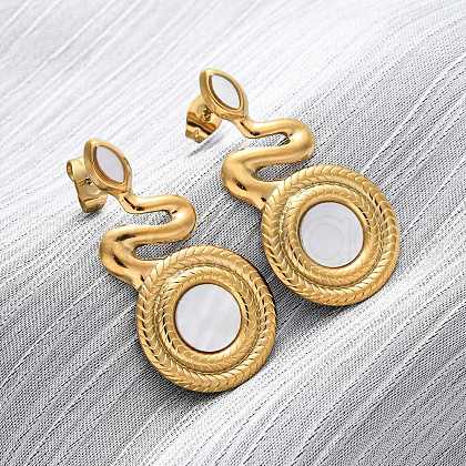 304 Stainless Steel Natural White Shell Stud Earrings EJEW-Z103-03G-02-1
