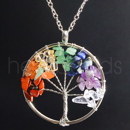 Natural Stone Chip Tree Of Life Chakra Pendant Necklaces FS-WG982AE-03-1
