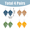 FIBLOOM 4 Pairs 4 Colors Wood Leaf Dangle Earrings EJEW-FI0001-94-2