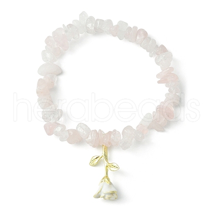Natural Rose Quartz Chips Beaded Stretch Bracelets with Alloy Enamel Rose Charms BJEW-JB09561-02-1