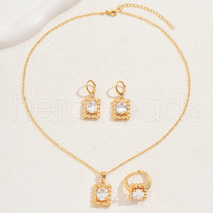 Simple and Stylish 18K Gold Plated Brass Rectangle Pendant Necklace & Hoop Earrings & Ring Set for Women WS3180-1