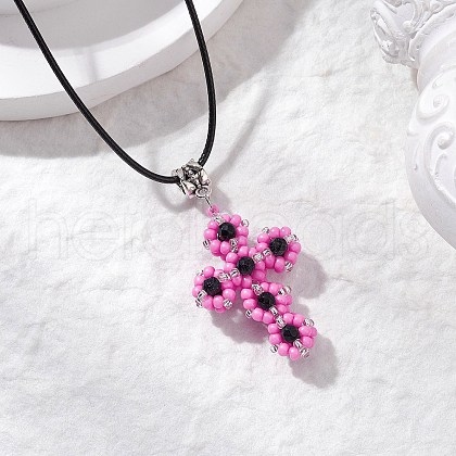 Glass Seed Beads & Synthetic Blue Goldstone Beaded Cross Pendant Necklaces NJEW-MZ00103-05-1