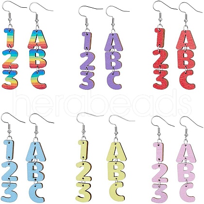 FIBLOOM 6 Sets 6 Colors Wood Dangle Earrings with Iron Pins EJEW-FI0003-27-1