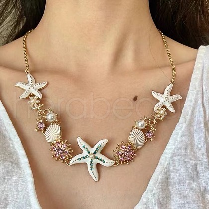 Bohemian Summer Alloy Enamel Rhinestone & Plastic Pearl Shell Shape Starfish Link Chain Necklaces for Women FS-WGAD57C-01-1