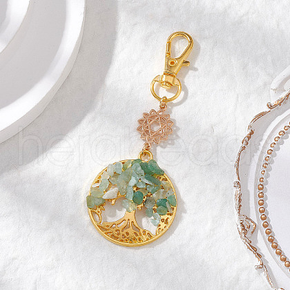Natural Green Aventurine Chips Beads & Alloy Tree of Life Pendant Decorations HJEW-JM03129-04-1