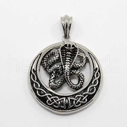 Retro Men's Halloween Jewelry 304 Stainless Steel Big Flat Round with Snake Cobra Pendants STAS-O044-46-1