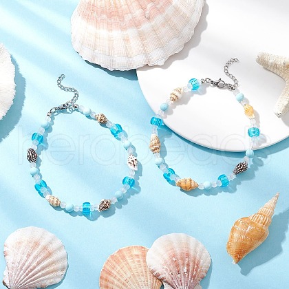 Summer Beach Natural Shell & Glass & Synthetic Turquoise Beaded Anklets for Women AJEW-AN00683-1