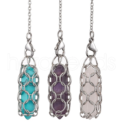 304 Stainless Steel Chain Macrame Pouch Bullet Natural Rose Quartz & Amethyst & Synthetic Turquoise Holder Dowsing Pendulums PALLOY-JF02881-1
